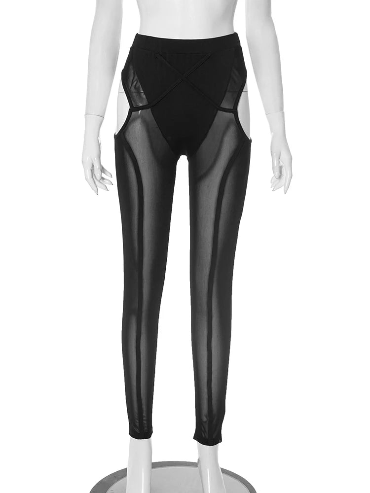 Mesh See Through Sexy Pants Women Irregular Hollow Skinny Peach Hip Midnight Fashion Club Party Coquett Wild Bottoms