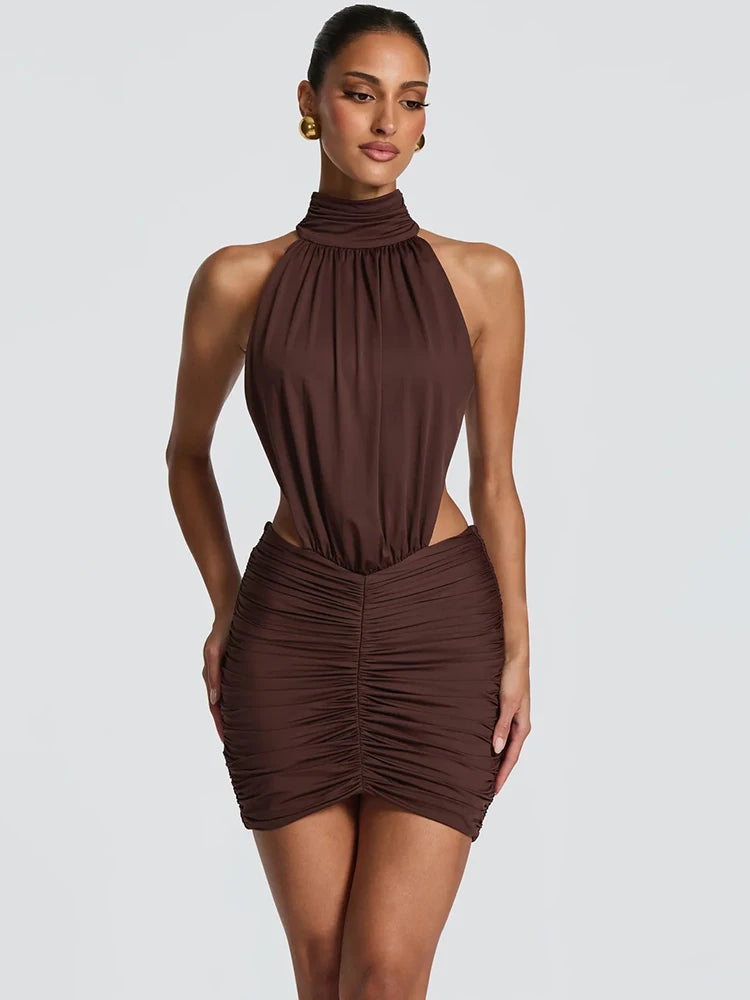 Halter High Neck Sexy Mini Dress Women Elegant Draped Ruched Waist Cutout Bodycon Cocktail Club Party Dress Fashion