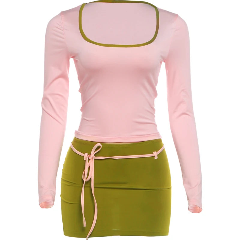 Sexy Simple 2 Piece Set Women Autumn Trend Line Patchwork Low-Neck Full Sleeve T-Shirt+Bandages Skirts Fashion Suits
