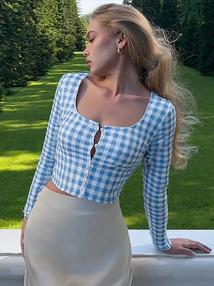 Plaid Patchwork T-Shirts Women Autumn Trend Cardigan Full Sleeve Navel Exposed Hot Girls Street Fashion Crop Tops