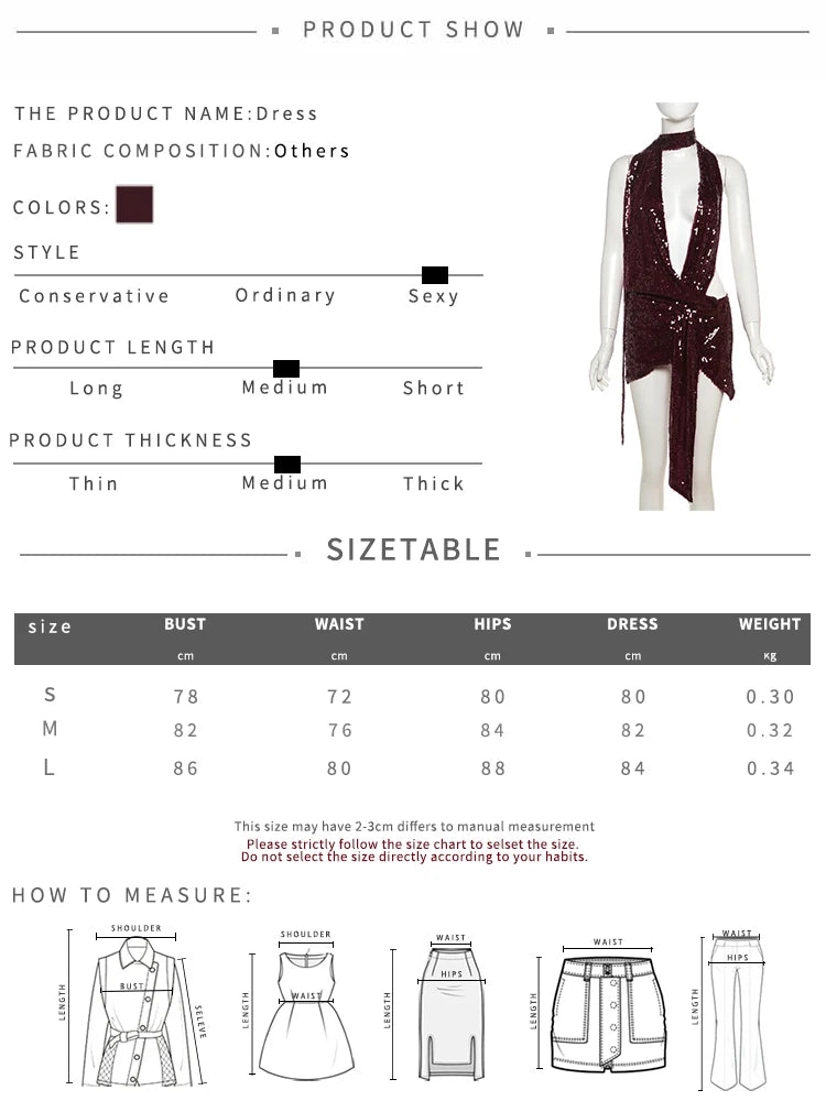 Shiny Sequins Dress Women Halter Scarf+Sexy Deep V-Neck Backless Sleeveless Ruched Ribbon Club Coquettish Outfits