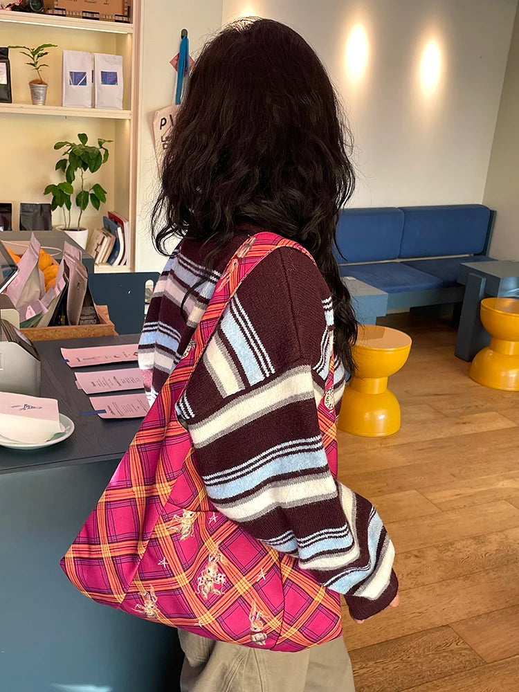 2025 Winter New Arrivals Casual Y2K Cartoon Rabbit Color Block Plaid Tote Bag For Woman