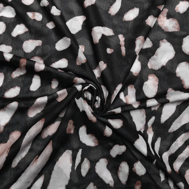 Leopard Print Mesh Sheer Bodycon Dress Women Sexy Turtleneck Long Sleeve Draped Mini Dresses Spring 2025