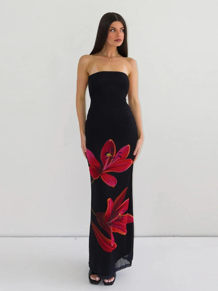 Floral Mesh Tube Dress Summer Women Clothes Sexy Beach Vacation Outfits Lace Up Backless Long Dresses Black