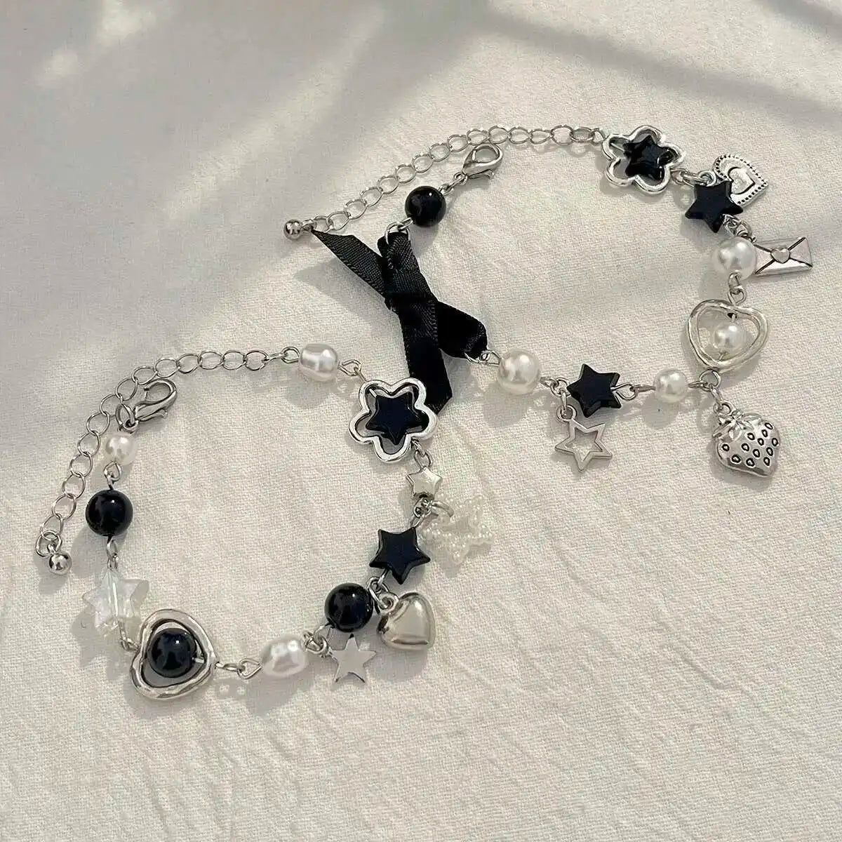 2Pcs/Set Aesthetic Ribbon Imitation Pearl Bracelets for Women Beads Acrylic Star Pendant Bangles Wedding Jewelry New