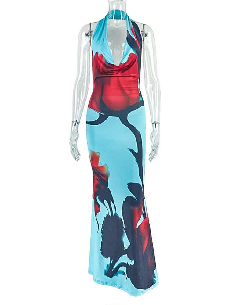 Flower Print Long Dress Women Summer Trend Halter Swing Collar Backless Sleeveless Vacation Fashion Skinny Vestidos