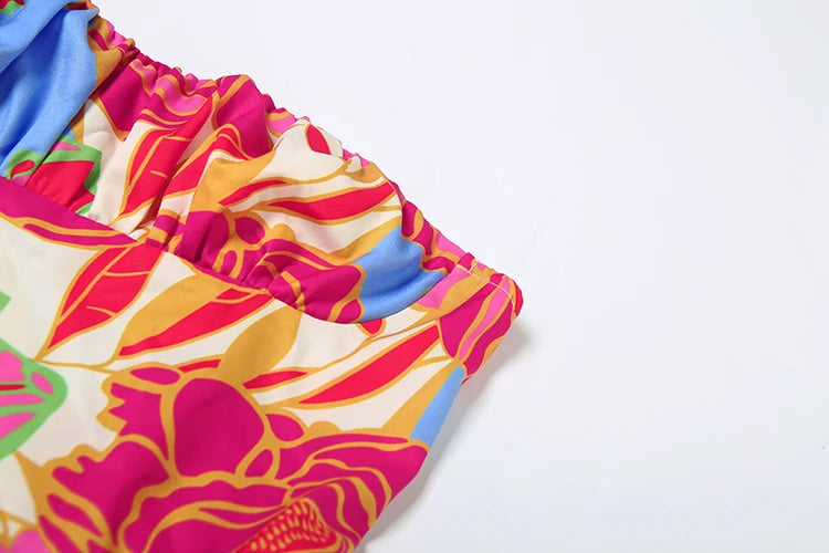 Sexy Off Shoulder Strapless Dress Women Colorful Print  Backless Ruched Ruffles Vacation Y2K Sweet Style Mini Bodycon