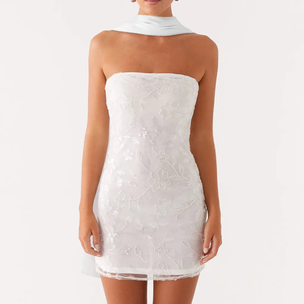 Fashion Women Summer Sequin Mini Bandeau Dress Sleeveless Off Shoulder Flower Embroidery Tube Top Dress with Scarf
