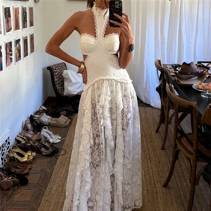 Backless Halter Neck Lace Maxi Dress Cutout Waist Tiered Ruffle Sheer Long Skirt Slim Evening Club Party Vacation Dress