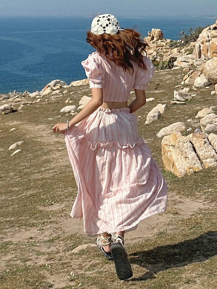 Stripe Print 2-Piece Set Women Y2K Button Puff Sleeve Irregular Crop Top+Edges Skirts Summer Streetwear Matching Suit