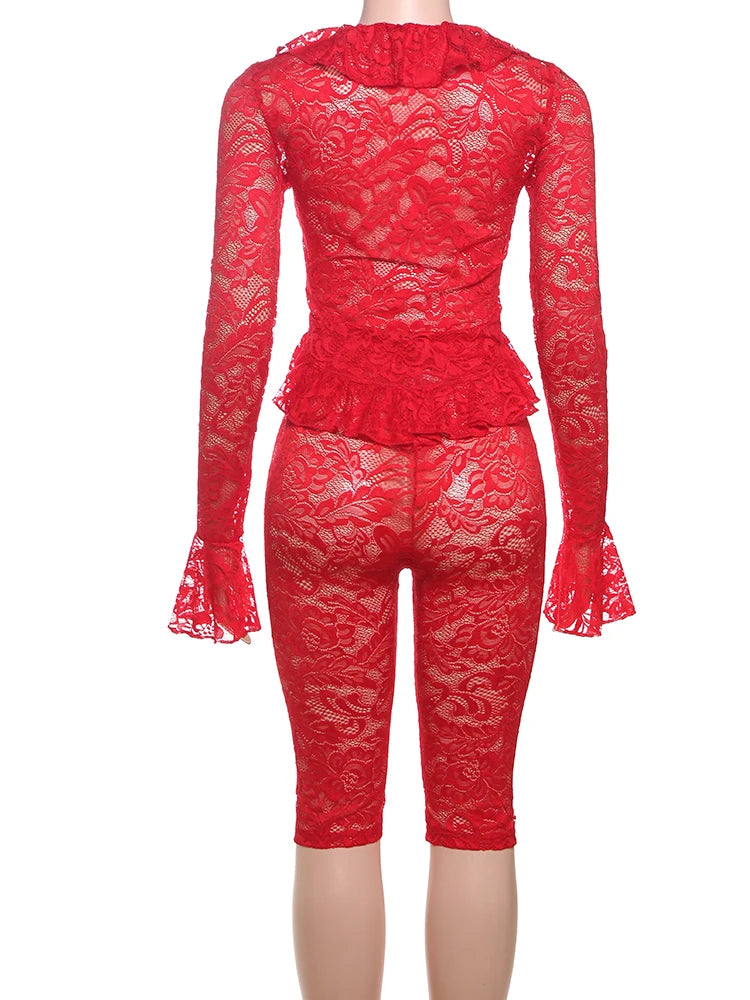 Jacquard Sexy Women 2 Piece Set Coquette Full Sleeve Ruffles Crop Tops+Bike Shorts Matching Clubwear Summer Outfits