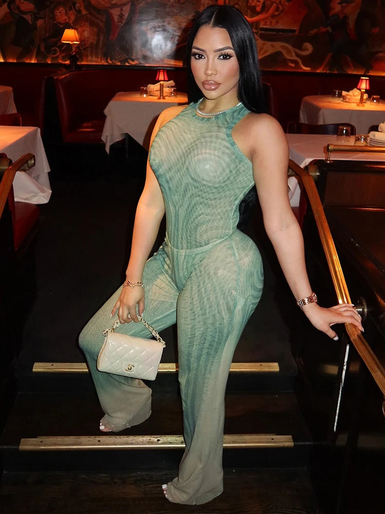 Geometric Print Patchwork 2 Piece Set Women o-Neck Skinny Bodysuit+Wide-leg Trousers Midnight Club Party Sexy Outfits