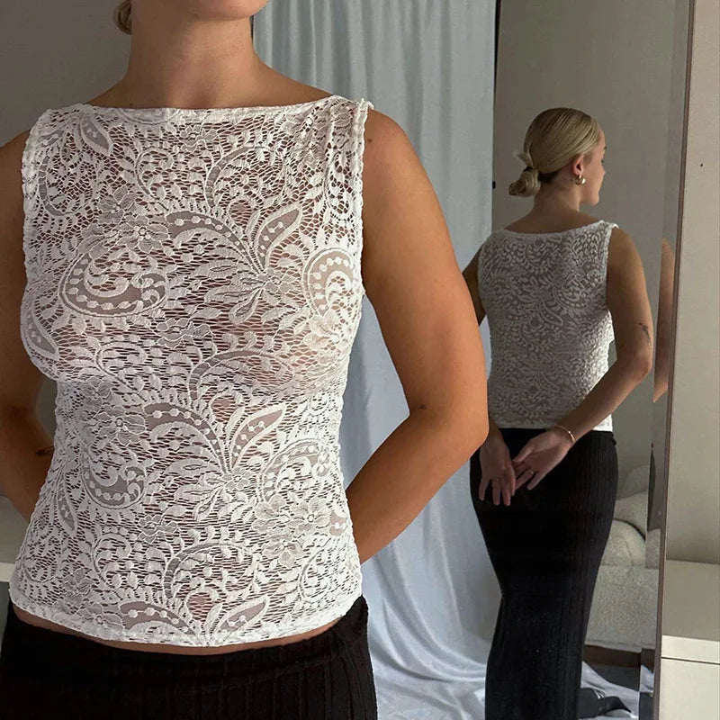See Through Lace Tank Tops Black White French Style Sexy Sleeveless Shirts Women Summer Clothes