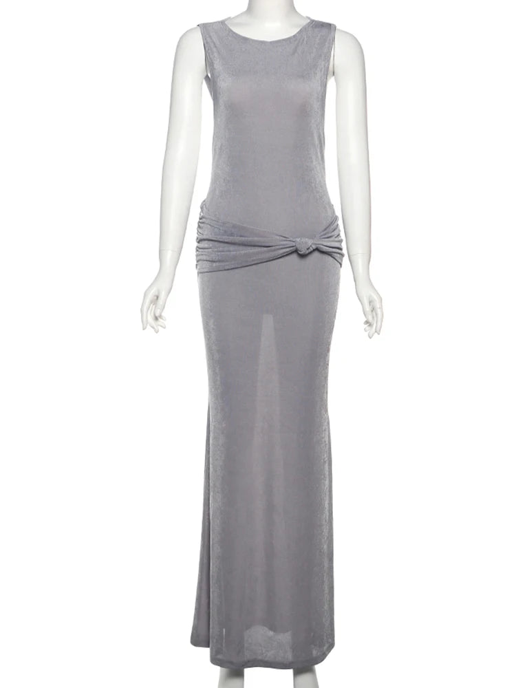Backless Hollow Cross Dress Thin Sleeveless Ruched Knot Cinched Waist o-Neck Solid Simple Sexy Summer Trend Vestidos