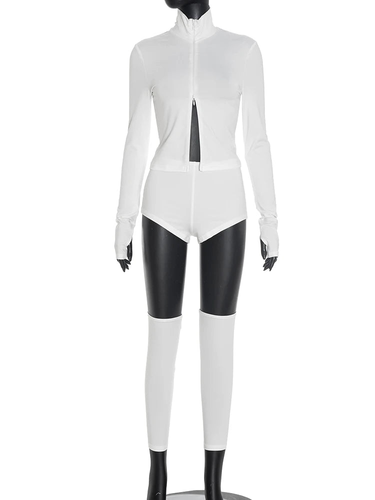 Sporty 3 Piece Set Women Tracksuit Casual Full Sleeve Zip Turtleneck Jacke+Shorts+Foot Cover Matching Street Outfits