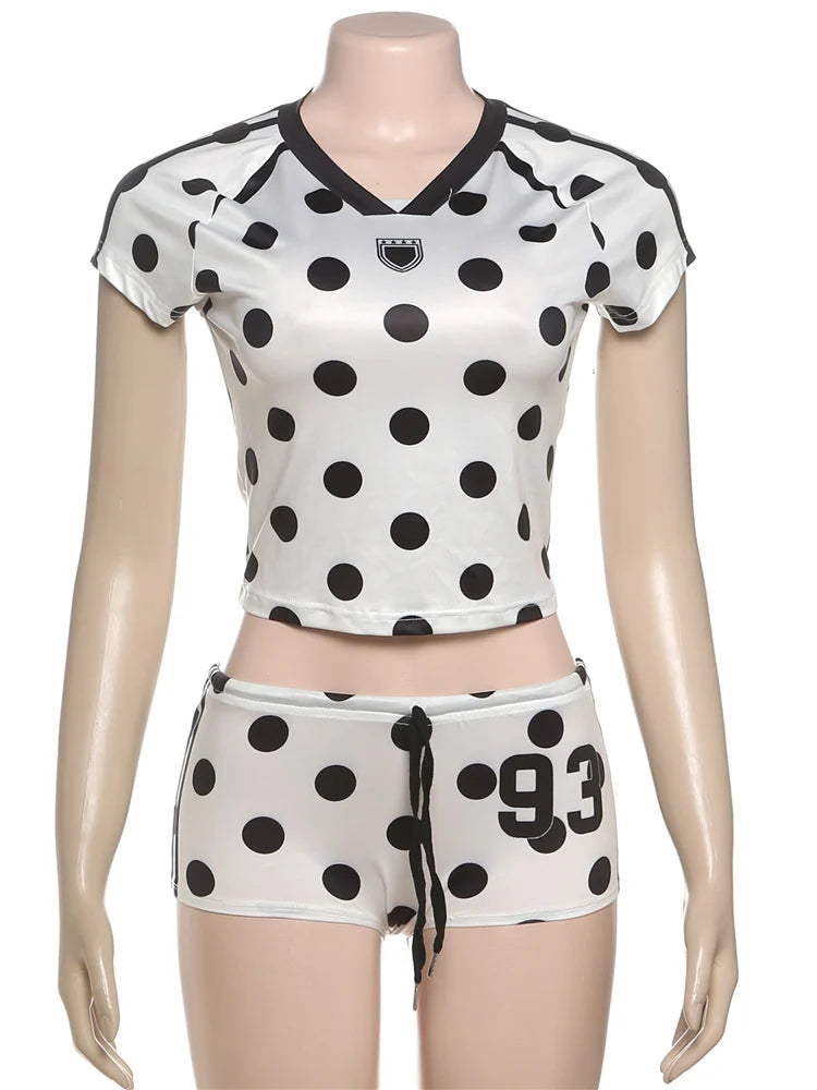 Dot Digit Print 2 Piece Set Women Casual Sporty Hipster Crop Tops+Shorts Matching Streetwear Skinny Stretch Tracksuit