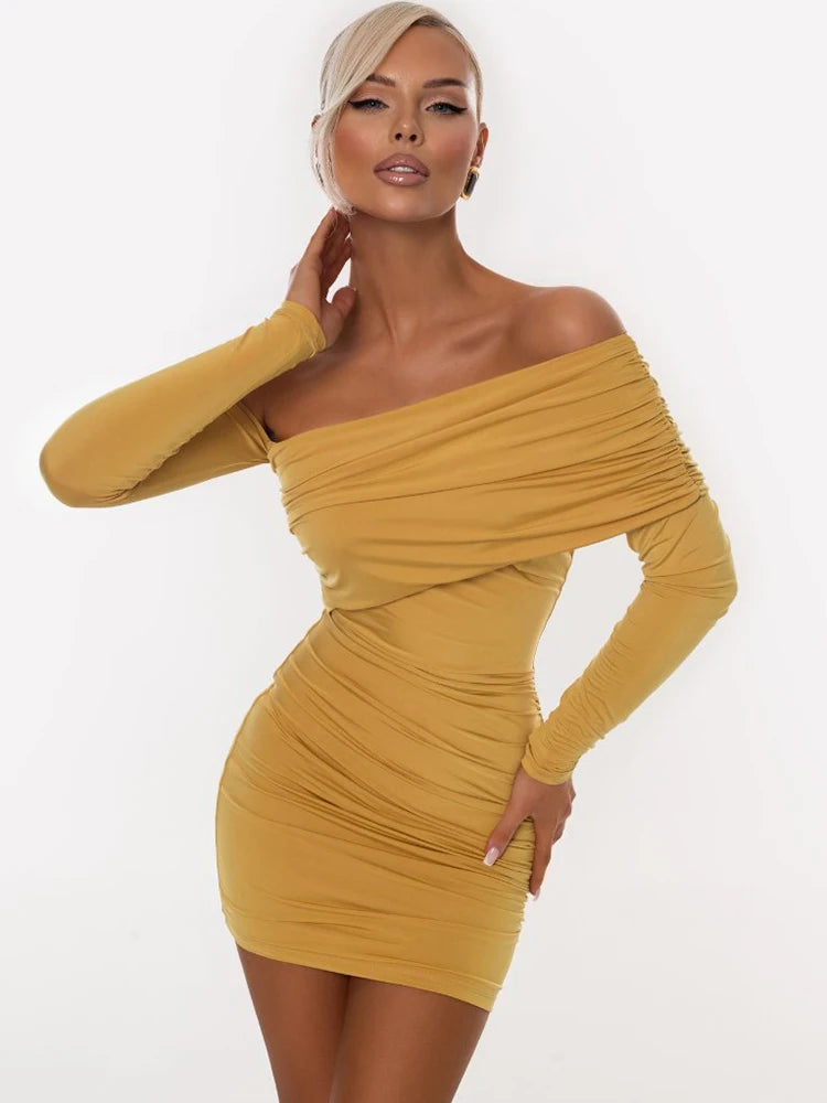 Women Off Shoulder Long Sleeve Bodycon Mini Dress Ruched Wrap Waist Pencil Short Dress Elegant Night Club Party Outfits
