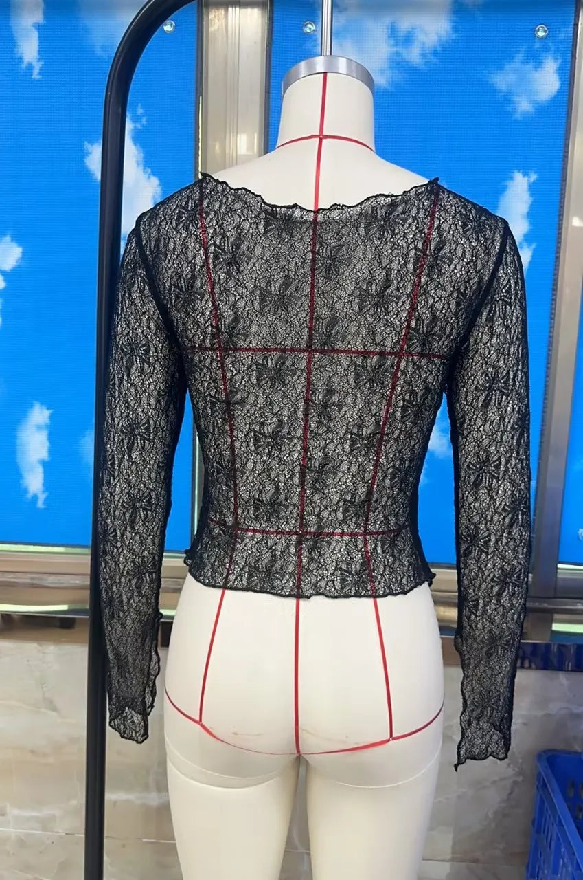 Women Sheer Lace Long Sleeve Top V Neck Halter Button Decor Asymmetrical Hem See Through Blouse Y2K Aesthetic Clubwear