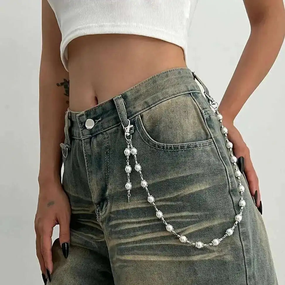 Creative Unique Imitation Pearl Jeans Pants Chain for Women Retro Hip Hop Bag Wallet Keychain Men Jewelry Accessories