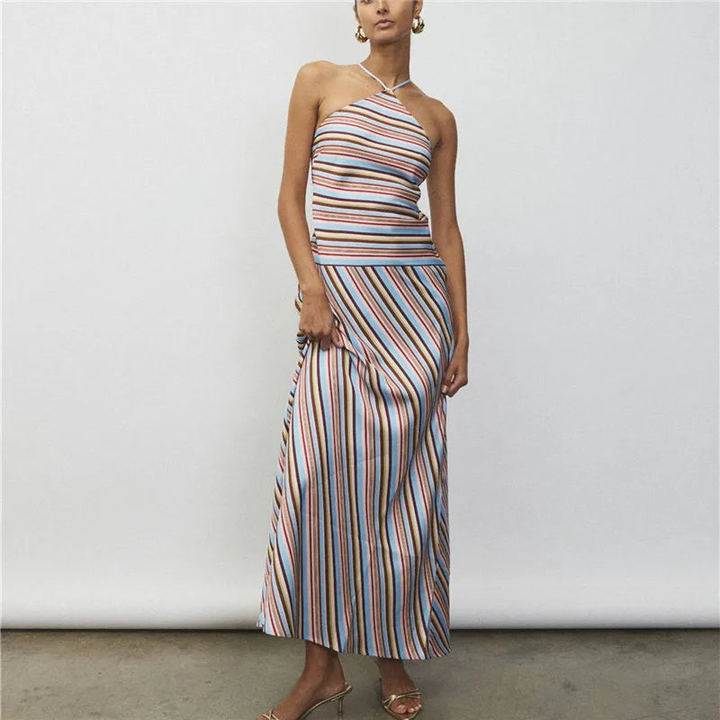 Elegant Y2K Striped Halter Neck Maxi Dress Summer Backless Tie-Up Cross Strap Sleeveless A-Line Sundress for Women