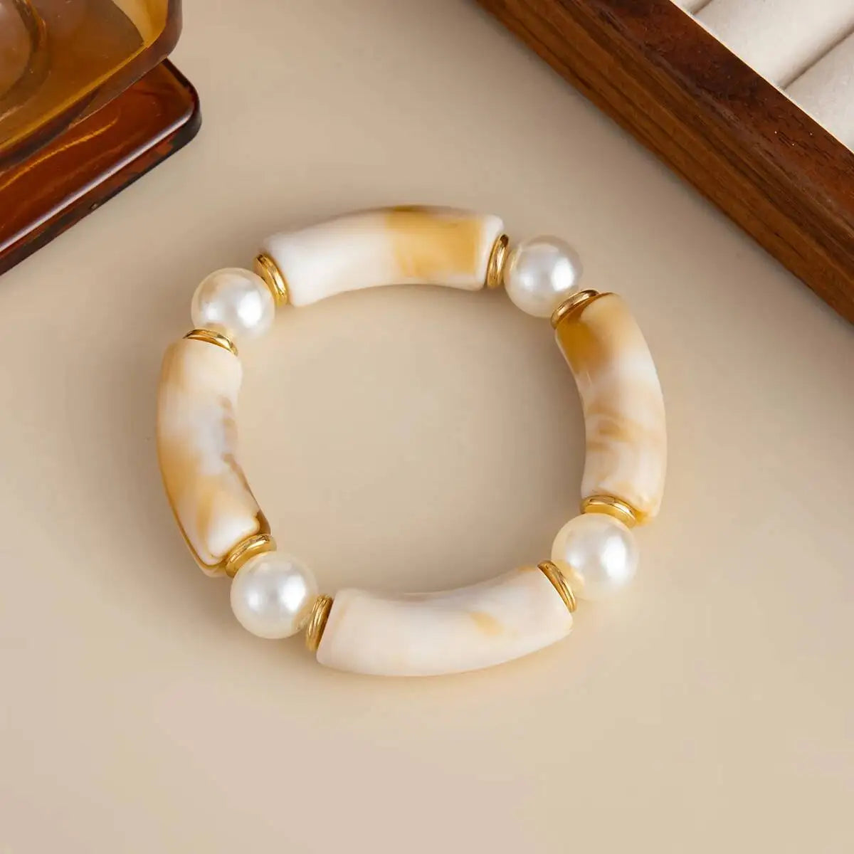 7 Styles Vintage Resin Round Tube Elastic Bangle Bracelet for Women Boho Stackable Imitation Pearl Acrylic Bead Bracelet