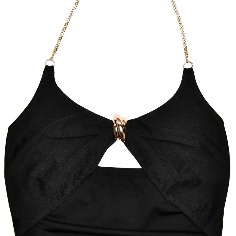 Hardwear Detail Hollow Out Backless Halter Long Dresses for Woman Clothing Sexy Black Dress Club Outfits