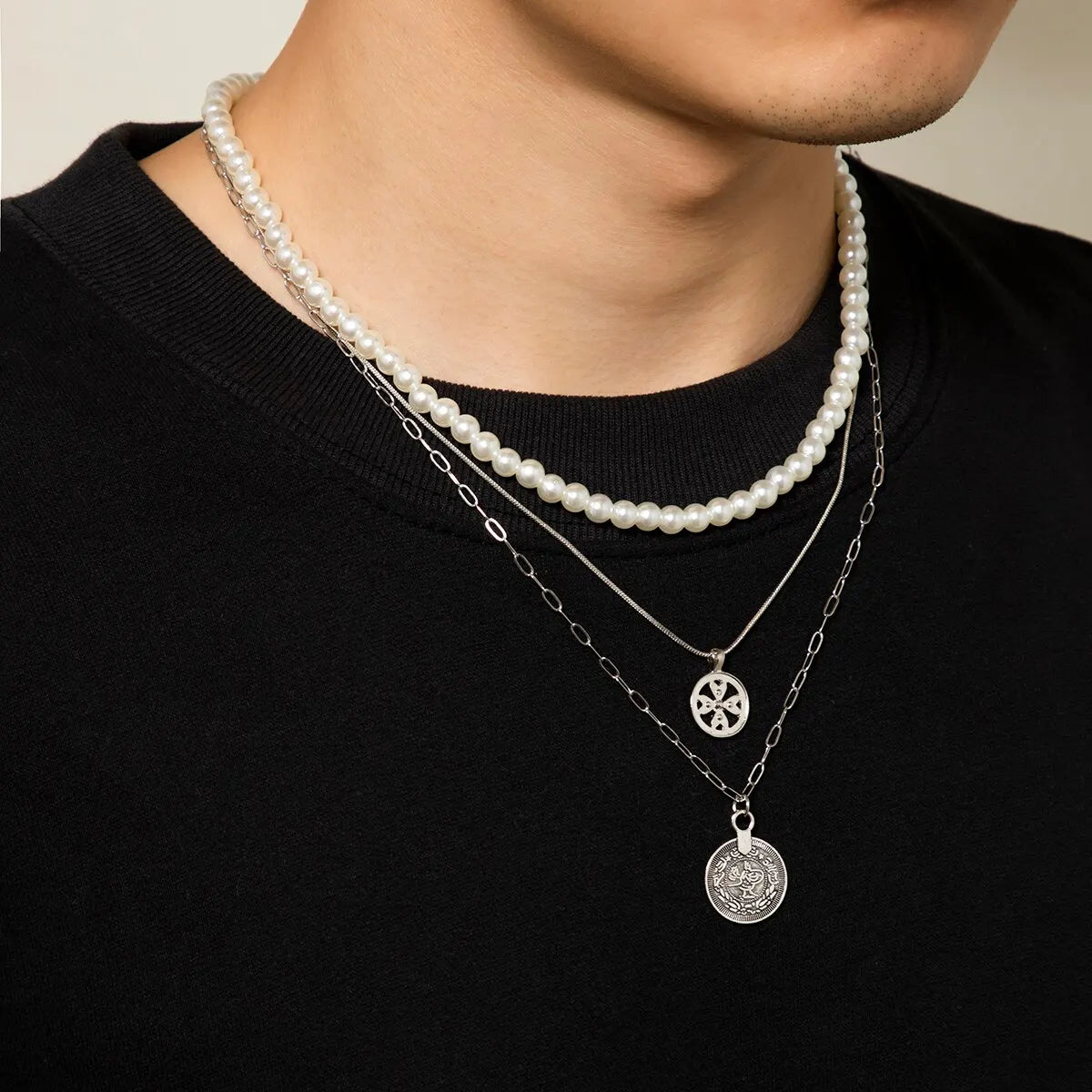 Vintage Goth Imitation-Pearl Coin Pendant Choker Necklace for Men Fashion Statement Punk Snake Chain Grunge Jewelry Steampunk