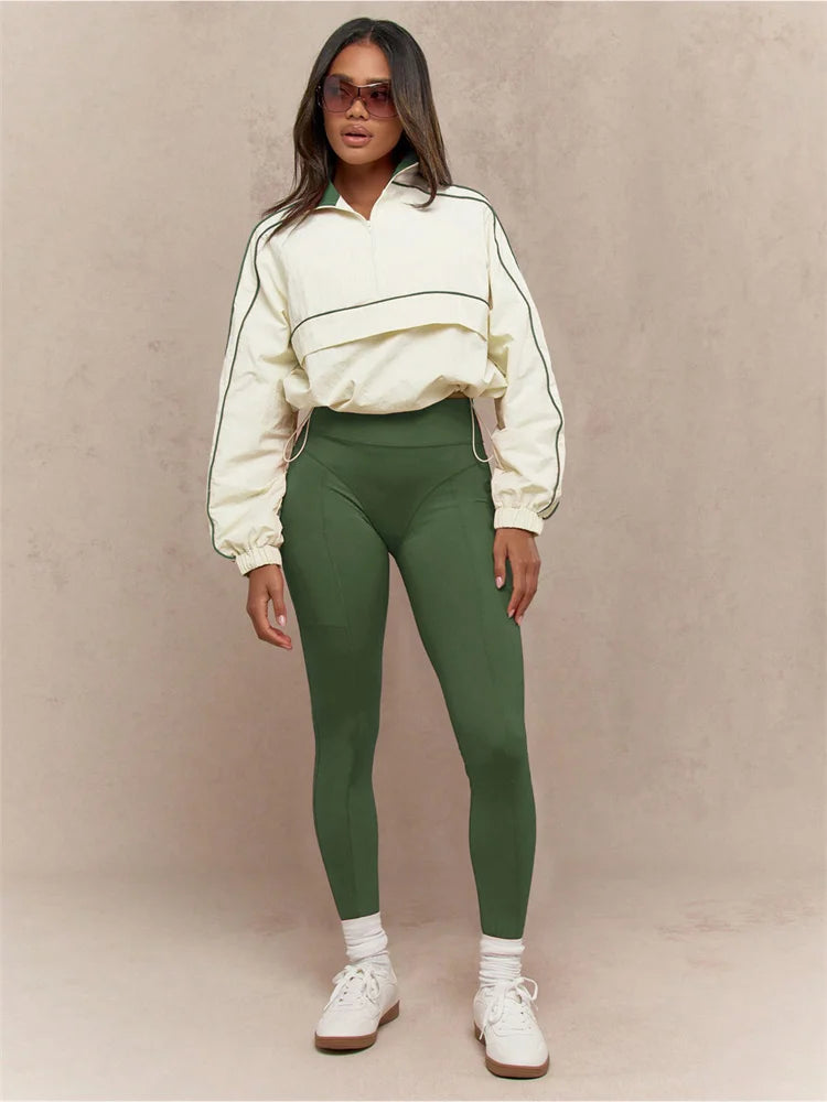 Contrast Patchwork Tracksuit 2 Piece Set Women Polo-Neck Drawstring Wasit Tops+Skinny Leggings Casual Sporty Sets