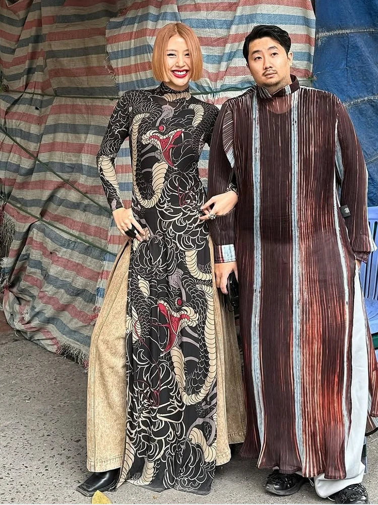 See Through Long T-Shirts Women Snake Print Turtleneck Long Sleeve High Split Elastic Sexy Coquette Skinny Club Tops