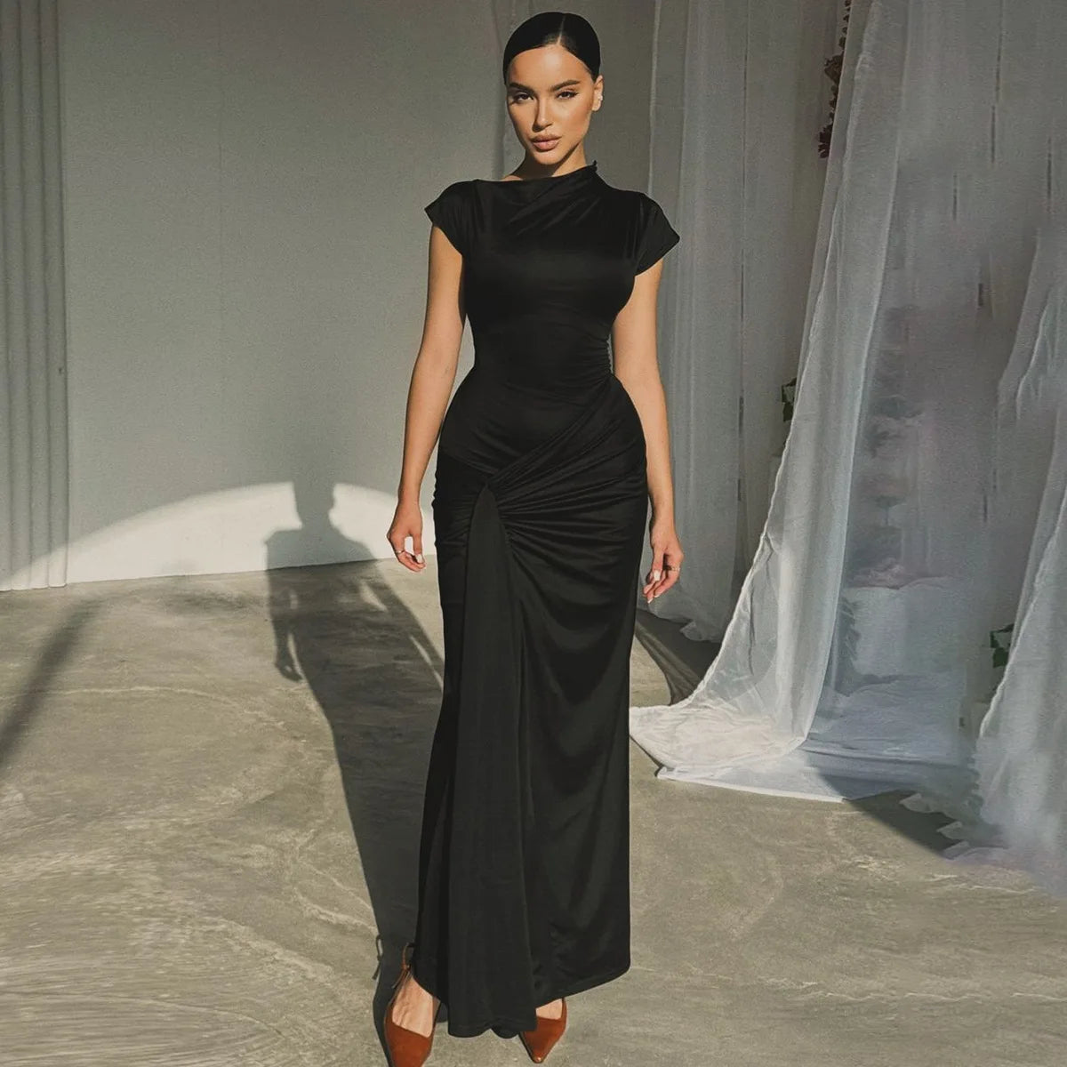 Ruched Draped Short Sleeve Long Dresses Elegant Fashion 2024 Autumn Women Dress