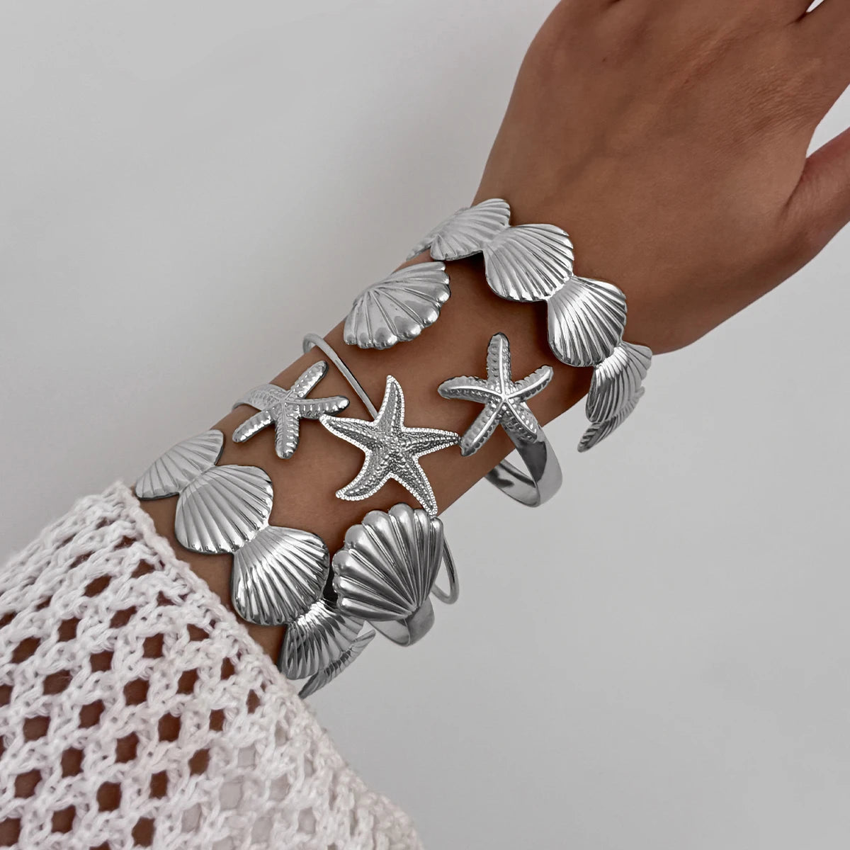 12Pcs/Set Punk Starfish Scallop Open Cuff Bangles Adjustable Rings for Women Boho Armband Bracelets Summer Jewelry Set