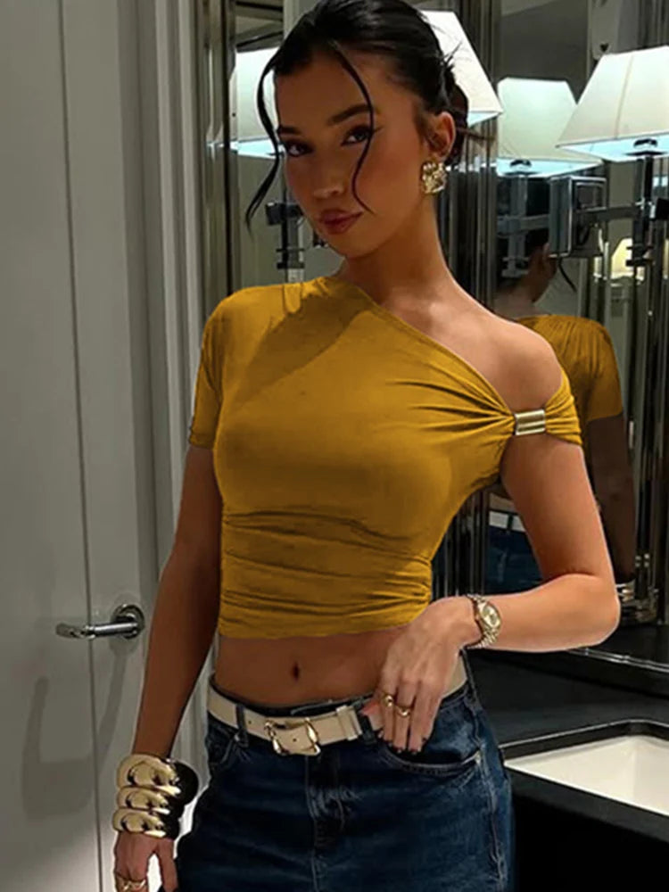Irregular Off Shoulder T-Shirts Women Ruched Fashion Skew Collar Single Sleeve Daily Casual Solid Simple Streetwear