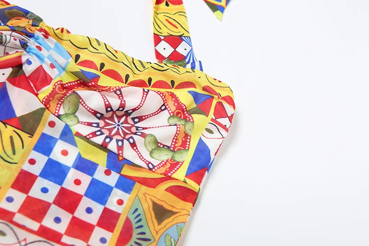 Fashion Print Maxi Dress Women Lace-Up Halter Sexy Backless Ruched Splits Robe Vacation Beach Party Elegant Vestidos