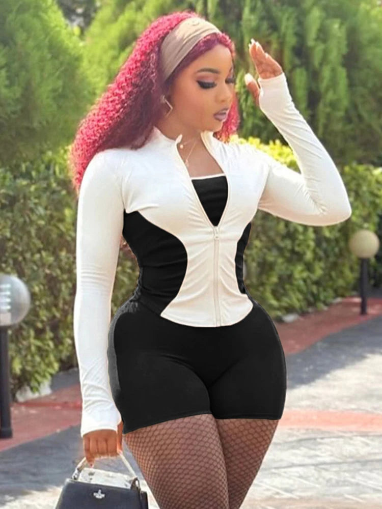 Casual 2piece Set Women Tracksuit Zip Contrast Patchwork Full Sleeve Jacket+Shorts Daily Simple Sporty Street Outfits