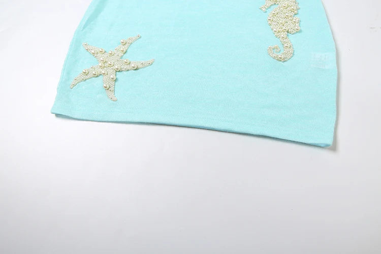 Starfish Rhinestones Dress Women Halter Swing Collar Sleeveless Backless Summer Vacation Beach Style Mini Bodycon