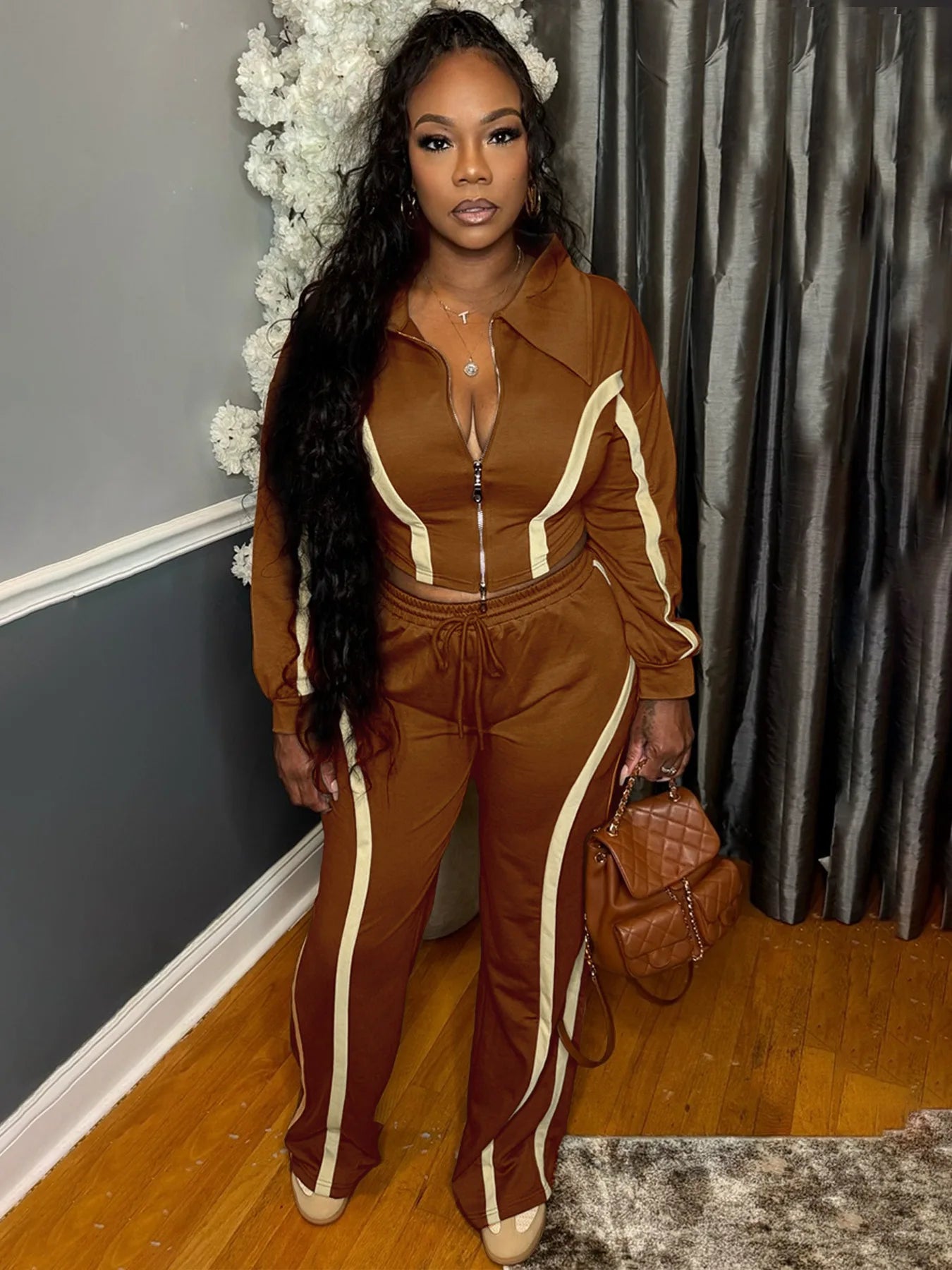 Casual Tracksuit 2-Piece Set Women Stripe Patchwork Zip Lapel Crop Jacket+Drawstring Pants Matching Sporty Outfits