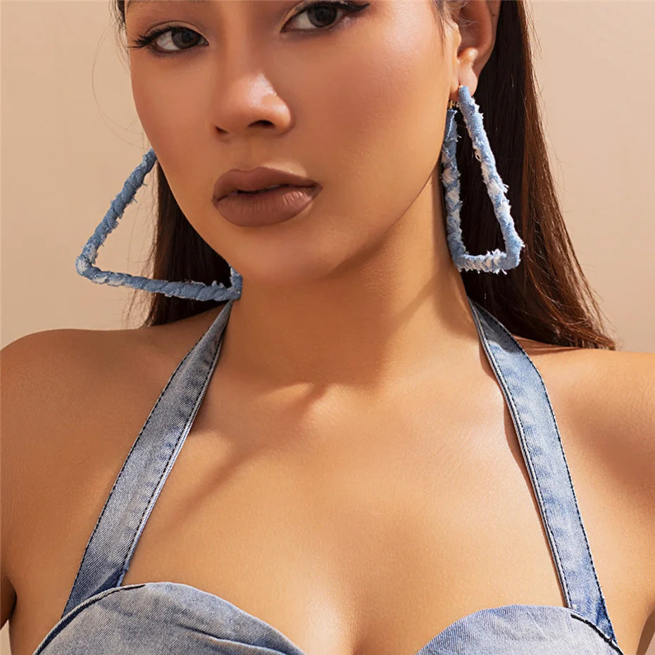 High Quality Exaggerated Blue Denim Hoop Earrings for Women Vintage Big Star Round Triangle Square Geometric Earring Y2K Jewelry