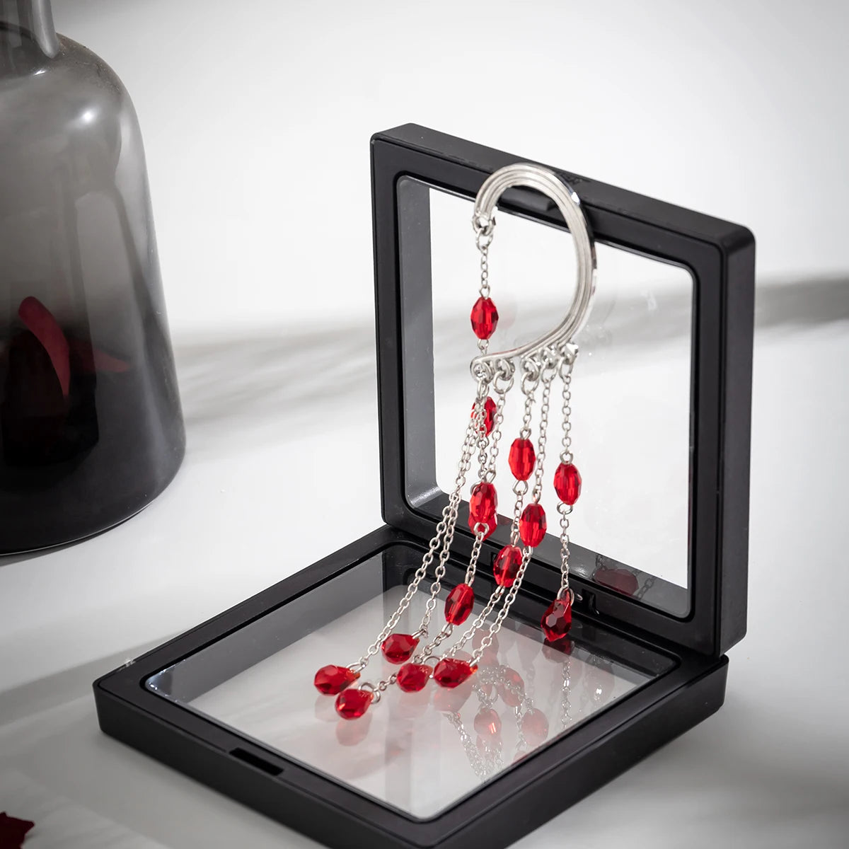 1PC Long Tassel Red Crystal Clip Earring for Women Wedding Bridal Elf No Piercing Fake Cartilage Ear Bone Clips Jewelry