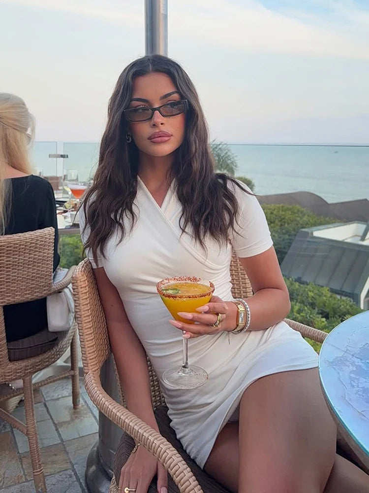 Backless Dress Women Cross v-Neck Short Sleeve Solid Skinny Elasticity Simple Prom Party Fashion Classic Mini Bodycon