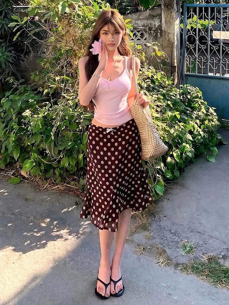 Sweet 2-Piece Set Women v-Neck Solid Camisole+Ribbon Bow Decoration Polka Dot Print Skirt Summer Party Vacation Suit