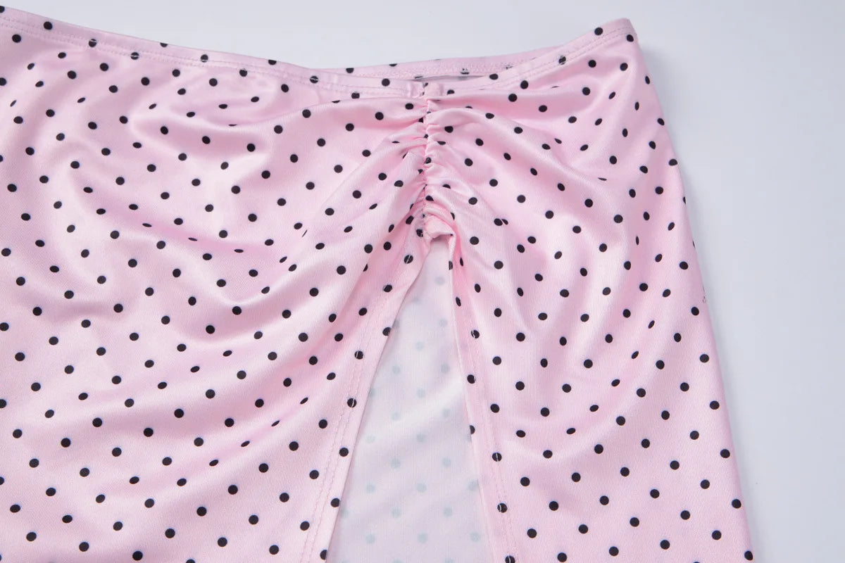 Pink Polka Dot Bikini Set with Slit Mini Skirt Summer 2026 Sexy Beach Vacation Outfits for Woman 3 Piece Set