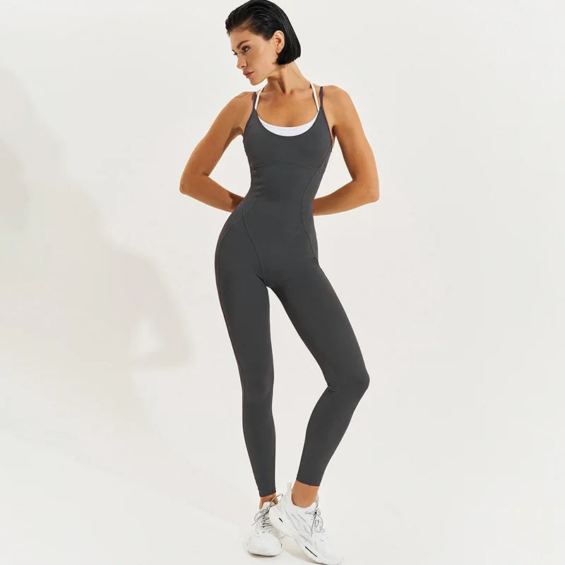 Patchwork Bodycon Halter Backless Jumpsuit Women Leggings Sports Yoga Clothes One Piece Outfits Active Wear