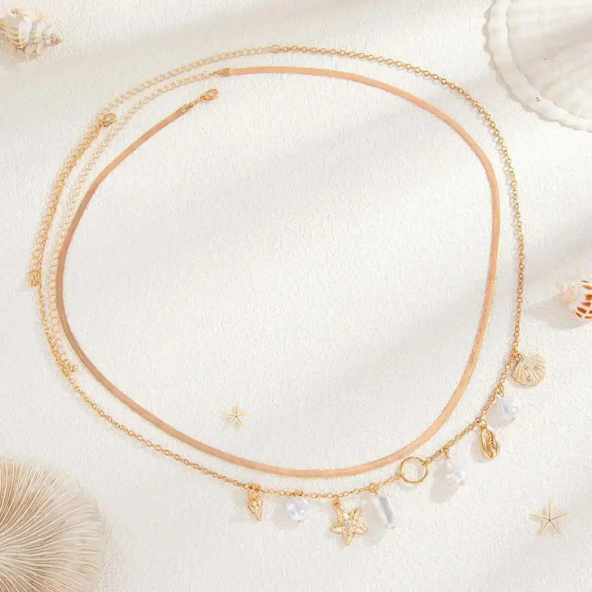 2Pcs/Set Summer Beach Vacation Sexy Bikini Waist Chain Boho Imitation Pearl Starfish Conch Pendant Body Chain Jewelrry