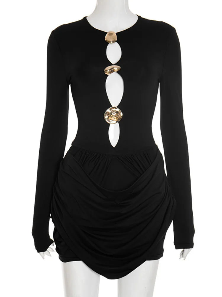 Hollow Out Long Sleeve Sexy Mini Dress Women Autumn Winter Button O Neck High Waist Ruched Club Party Dresses Elegant