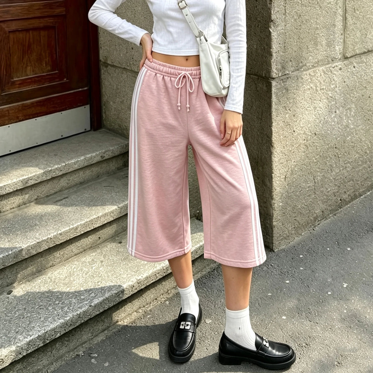Women Side Stripes Capri Sweatpants Drawstring Elastic Waist Loose Knee Length Casual Sports Cropped Jogger Pants