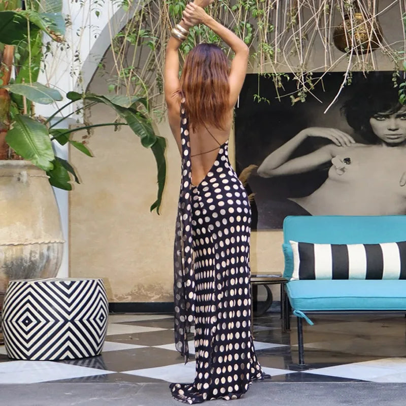 Halter Neck Backless Long Dresses Summer Elegant Polka Dot Chiffon Black Dress Beach Party Vacation Outfit
