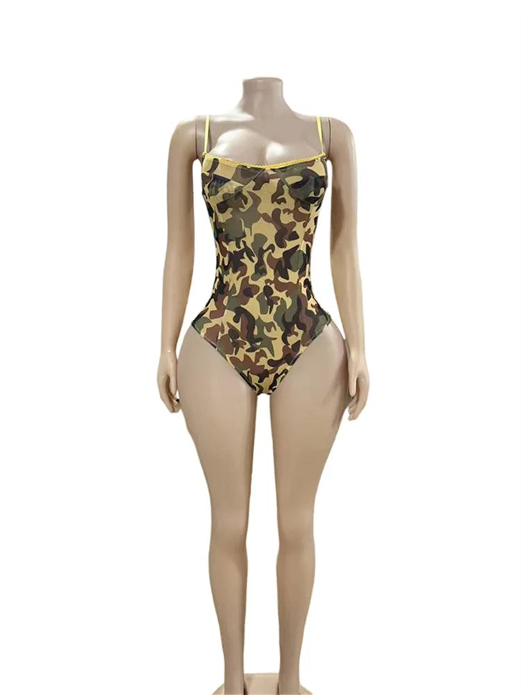 Camouflage Print Bodysuits Women Low-Neck Backless Skinny Stretch New Trend Hip-hop Style Classic Streetwear Bodycon