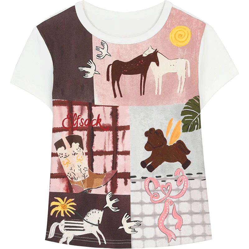 Women's Western Patchwork Graphic T-Shirt with Horse & Cowboy Boot Print, Short Sleeve Regular Fit Tee for Summer