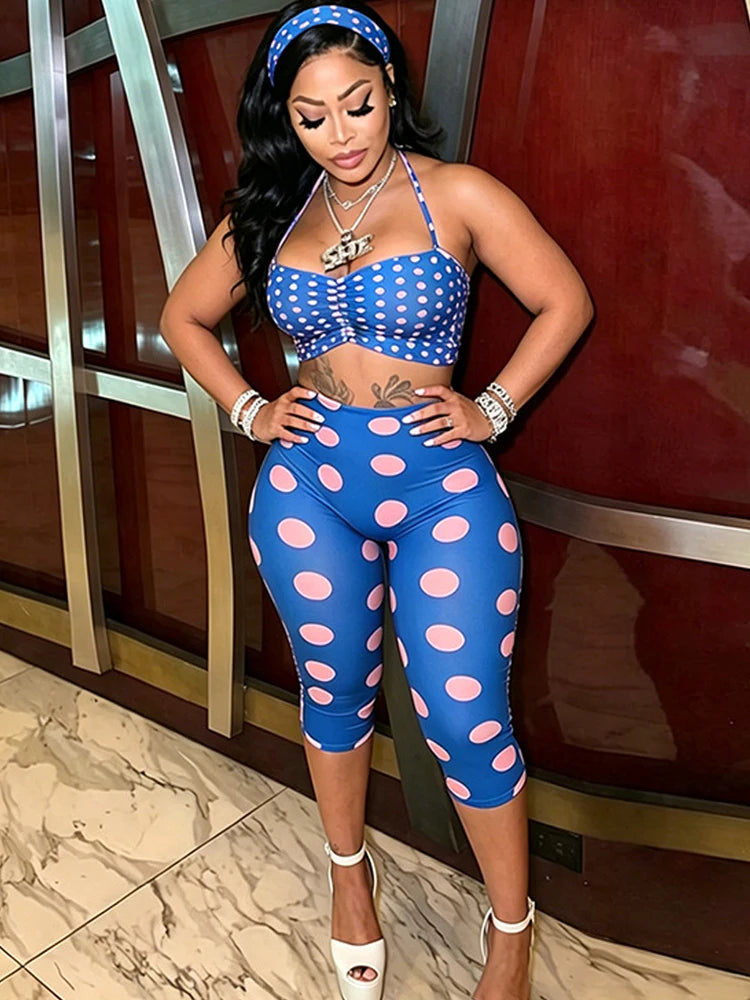 Chic Hottie Polka Dot Print 3-Piece Set Women Elasticity Headband+Halter Folds Vest+Simple Short Fashion Sexy Streetwear