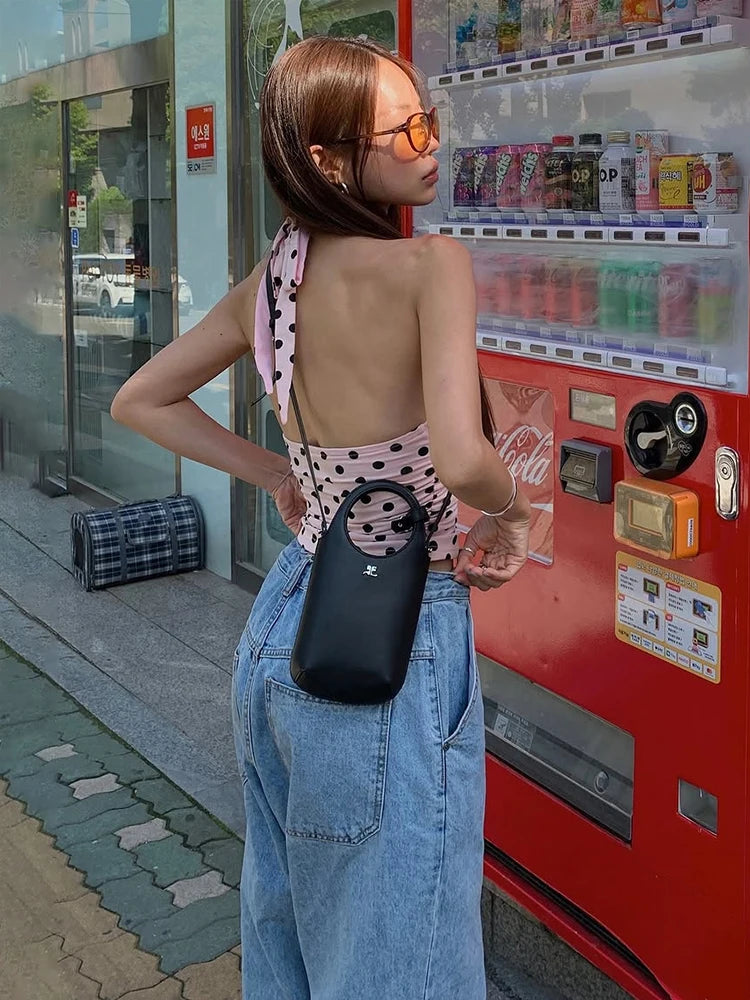 Halter v-Neck Vest Women Y2K Lace-Up Backless Polka Dot Print  Skinny Summer Fashion Daily Street Basic Tank Tops